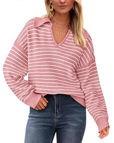 BTFBM Women's Striped Long Sleeve Sweater V Neck Lapel Collar 2024 Fall Winter Fashion Ribbed Knit Loose Pullover Tops
