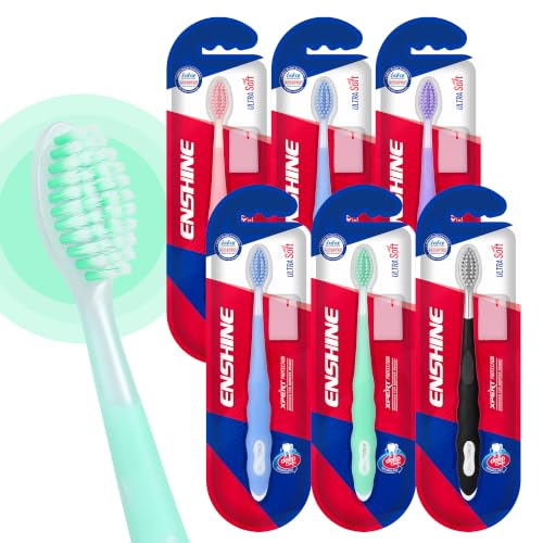 Image of Enshine Expert Protection Toothbrush for Adults - Pack of 6 | Double-Tapered Ultra Soft PBT Bristles | Premium Tooth Brush Set for Sensitive Gums | Deep Gum-Line Plaque Removal | Manual Toothbrush with Non-Slip Grip Multicolor