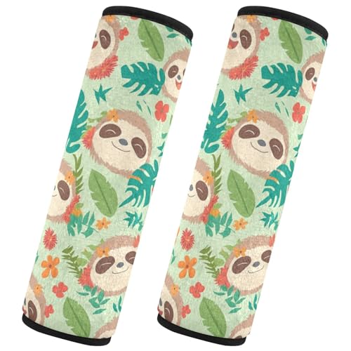 Seat Belt Covers 2 Pack Cute Sloth Car Seat Strap Covers Super Soft Tropical Leaves Flowers Car Seat Neck Cover for Boys Girls Adults Babies M