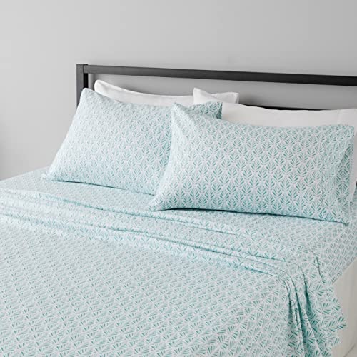 Amazon Basics Lightweight Super Soft Easy Care Comfortable Microfiber 4-Piece Bed Sheet Set with 14-Inch Deep Pockets, Queen, Aqua Fern, Printed