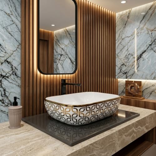 Image of Luxurious Golden Table Top for Bathroom /Ceramic Bathroom Wash Basin /Countertop Wash Basin /Vessel Sink (13x18 Inch)