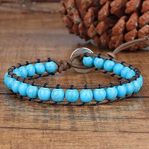 KELITCH New Turquoise Bracelets Skull Beaded Wrap Bracelet on Brown Leather Bracelets Handmade Jewelry3