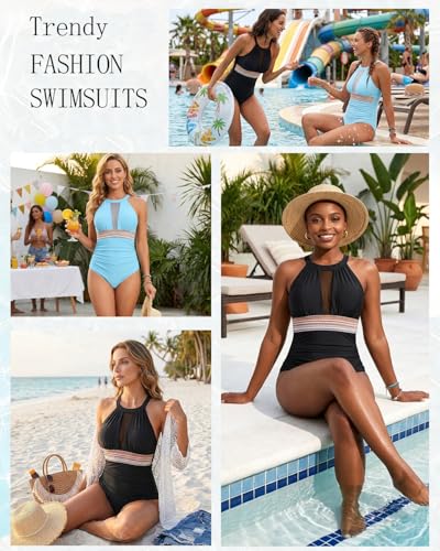 Image of Tempt Me Women One Piece Swimsuit Tummy Control Bathing Suit | High neck, Removable cups, Full coverage, Ruched, Mesh, Full lining
