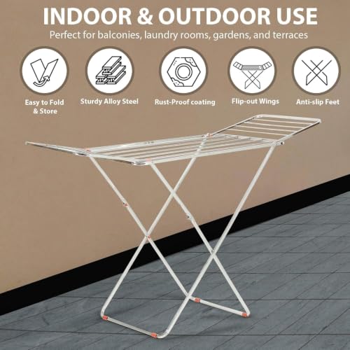 Image of H Houseware Stainless Steel Foldable Clothes Drying Stand (162 x 47 x 83 cm) | Heavy Duty Rust Resistant Laundry Drying Rack | Portable Indoor Outdoor Cloth Drying Stand(Butterfly)