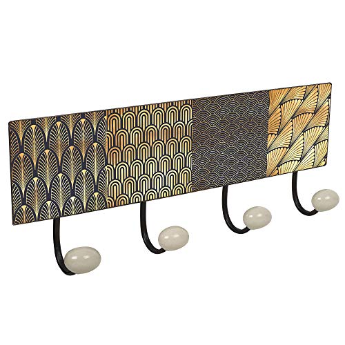 PERCHA pared metal diseño Clásico Vintage decoración geométrica ORO-NEGRO con 4 GANCHOS porcelana