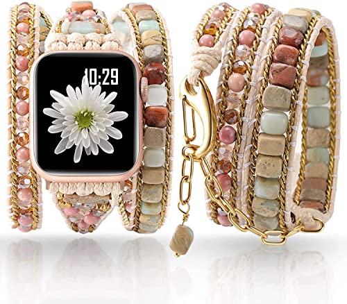 Handmade Boho Watch Band Compatible with Apple Watch 49MM 45MM 44MM 42MM 41MM 40MM 38MM Beaded Wrap Bracelet for iWatch Ultra, Series SE/9/8/7/6/5/4/3/2/1, Fancy Strap for Women
