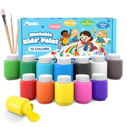 ABEIER Washable Kids Paint 12 x 2 oz Non-Toxic Finger Paint with Brushes