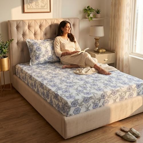 Image of Mafatlal 186 TC Grace Cotton Bedsheet for Single Bed | 154 x 228 cm | Soft, Durable & Breathable Fabric | Includes Pillow Cover