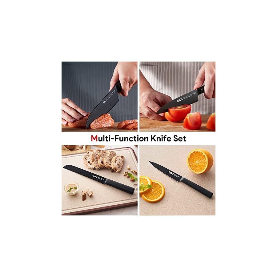 OOU Kitchen Knife Block Set - 15 Pieces High Carbon Stainless Steel Knife Block Set with Built-in Sharpening Blocks, Black