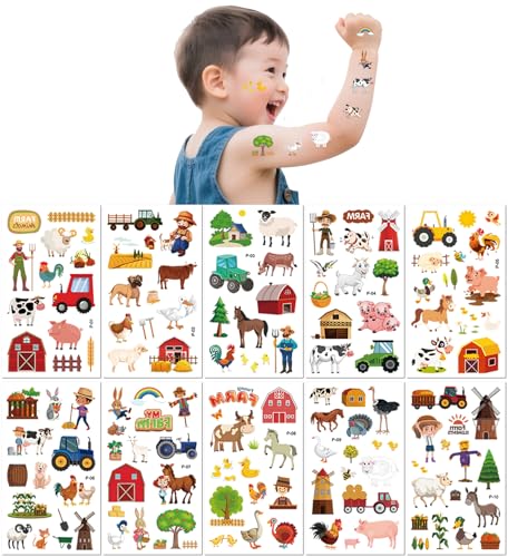 Pegatinas De Tatuajes De Animales De Granja De Dibujos Animados Pegatinas Temporales Divertidas Impermeables