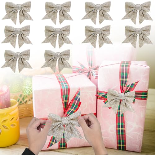 ouhos 10 Lazos Rojos para Navidad, champán, Dorado, Purpurina, árbol de Navidad, decoración para Fiestas Familiares, Fiestas, Navidad, Vacaciones, Bodas, Celebraciones (Dorado Champán)