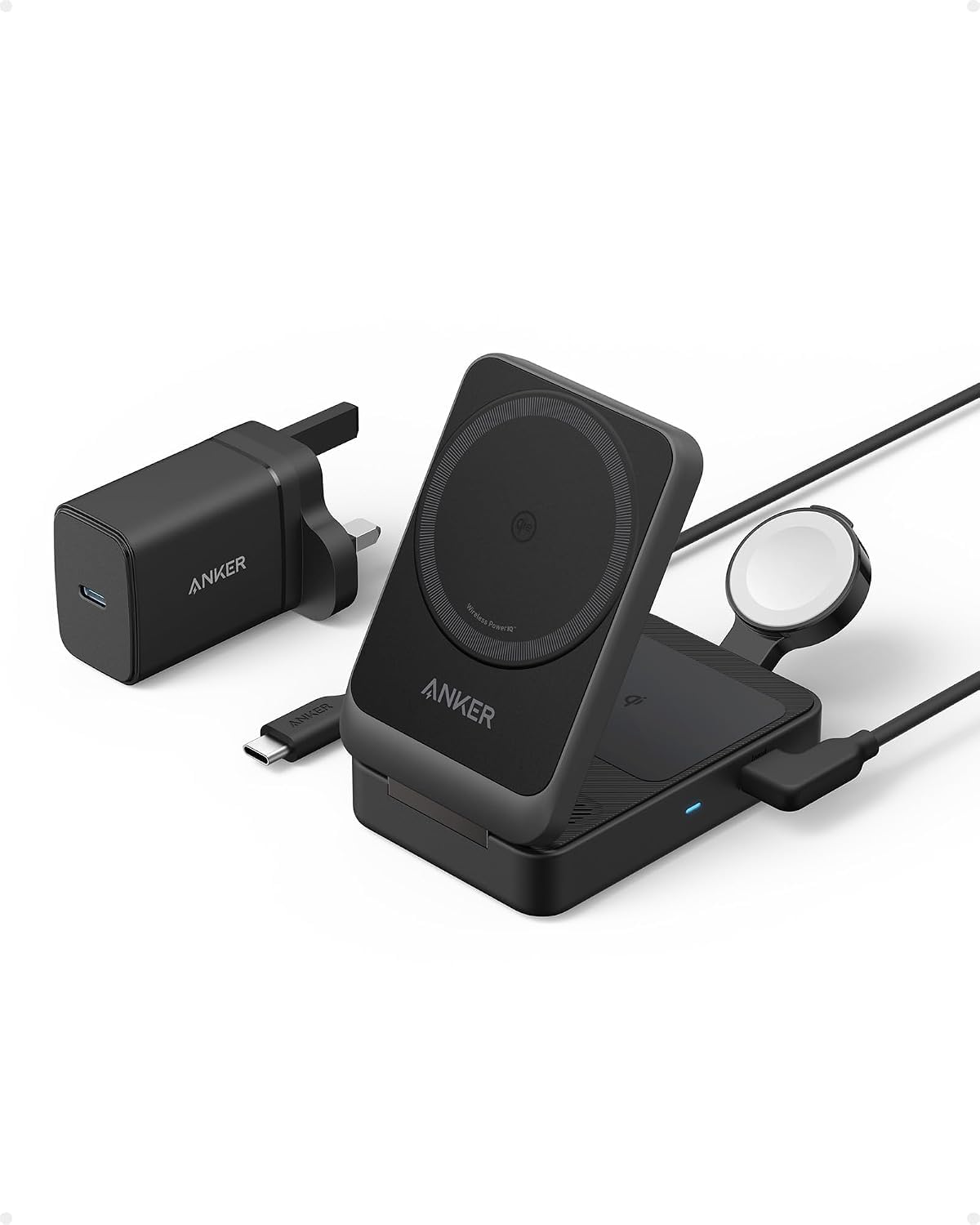 Anker MagGo 3-in-1 Wireless Charging Station, MagSafe-Compatible Qi2 Certified 15W Wireless Stand with Apple Watch and AirPods Support, For iPhone 17/16/15 Series and More (40W USB C Charger Included)