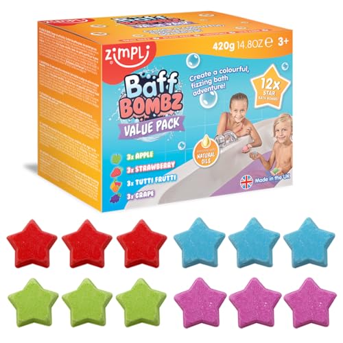 12 x Star Bath Bombs from Zimpli Kids, Bubble Bath Fizzers for Children, Bath Tub Bombs, Perfect Party Favours, Fillers, Rewards, Birthday Gifts for Toddlers, Vegan Friendly & Cruelty Free