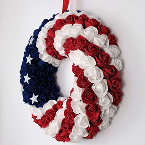 idyllic July 4th Wreath Patriotic Americana Wreath Boxwood Handcrafted Memorial Day Wreath Festival Garland Decoration Front Door Wall Home Decor (Blue)