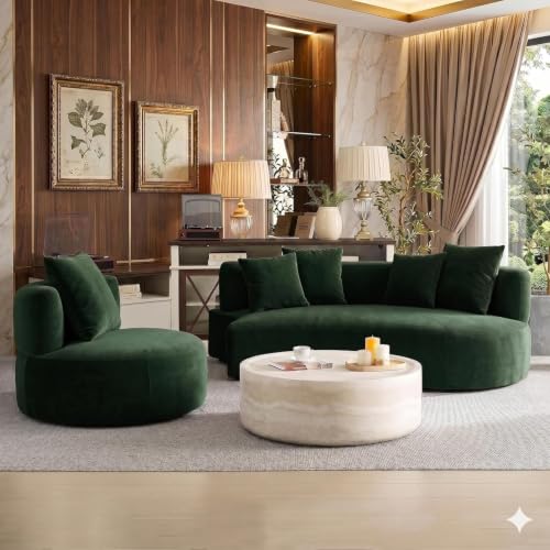 Image of Modern Curved White Sofa Couch with Plush Pillows - 4 Seater Upholstered Living Room Sofa | Contemporary Minimalist Design for Home, Office & Lounge. (Green L1)