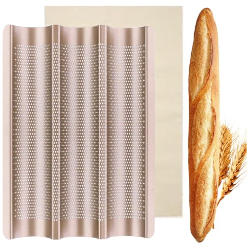 QIYILE Baguette Backform, Baguetteblech Baguetteform für 3 Baguettes Stahl Brotbackform mit Bäckerleinen Antihaftbeschichtung Baguette Backblech Brot Backen Zubehör, 38.5X27.5CM