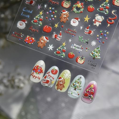 Image of Christmas Nail Stickers Decals Bear Nail Stickers for Nails Art Xmas Tree Nail Decals 5D Embossed Self Adhesive with Design Apple Nails Art Decals for Women Girls Kid Manicure DIY Decoration