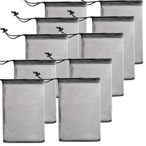10PCS 8x12inch Black Nylon Mesh Drawstring Bags with Closing Drawstring Locks Multi Purpose Organiser for Storing Small Ball/Socks/Clothing/Diving Equipment