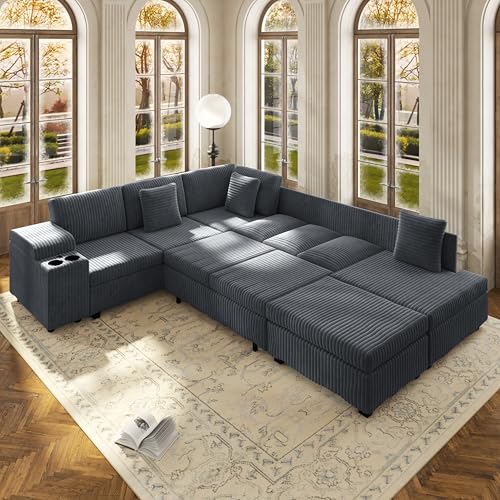 Image of KEIKI 110 inch L-Shaped Oversized Plush Corduroy Modular Sectional Sofa with Pull-Out Bed, Convertible 6-Seater Sleeper Couch Bed with 1 Ottomans & USB & Cup Holders, Easy Assembly, for Living Room, Gray
