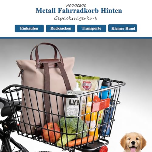 WOOGCSO Fahrradkorb Hinten, Fahrrad Korb Metall Groß mit Wasserdicht Abdeckung Reflektierender und Gepäcknetz für Kleiner Hund Einkaufen Picknick Schulranzen (38×31×26cm)