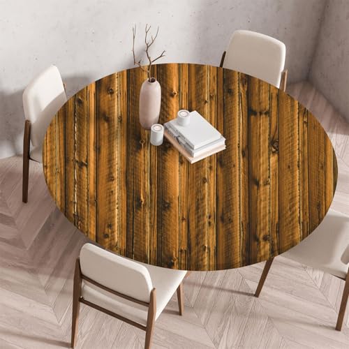 Treer Mantel Redondo Antimanchas, Textura de Tablero de Madera Retro Mantel Mesa Redonda con Ajustable Borde Elástico, Reutilizable Lavable Manteles de Mesa para Picnic Comedor (Marrón Oscuro,60cm)