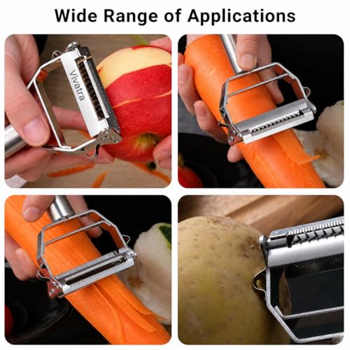 Image of 2 in 1 Stainless Steel Julienne Vegetable Peeler Multi-Functional Fruit & Veggie Shredder Slicer and Grater for Potatoes, Carrots, Cucumbers (Silver, 18 x 8.2 x 2.3 cm)