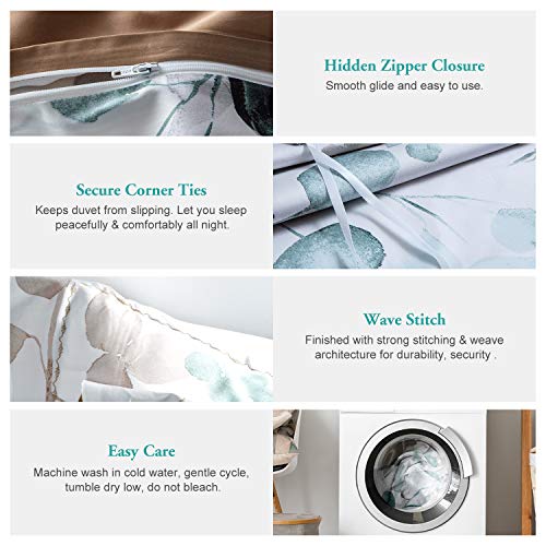 MILDLY 100% Long-Staple Cotton Duvet Cover Set Teal Blue Green Leaf Pattern Printed Comforter Cover 3pcs, Ultra Soft & Breathable Bedding Set