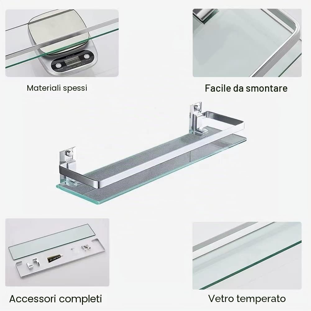 Mensola in Vetro di Sicurezza Temperato da Parete - Perfetta per Bagno 25 cm