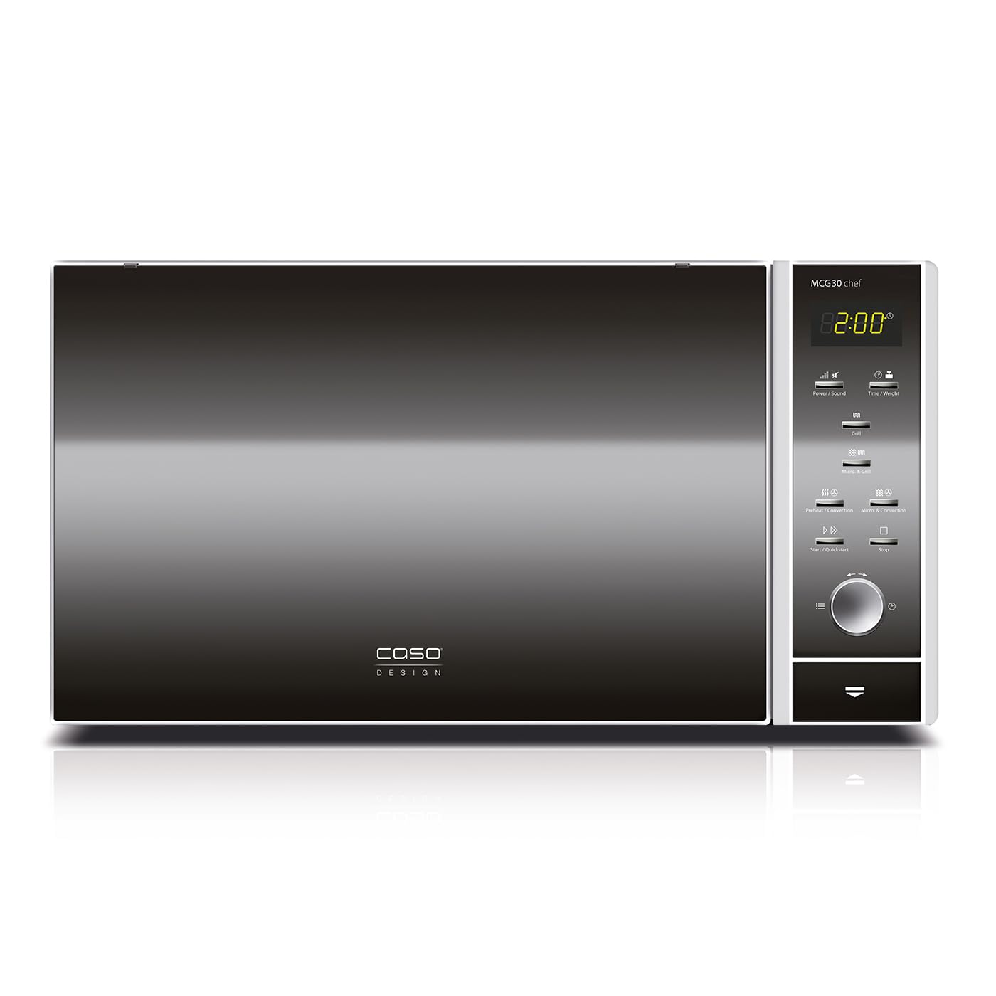 CASO | MCG30 chef kuchenka mikrofalowa 3 w 1 z grillem i gorącym powietrzem 2200 W | funkcja piekarnika 110 – 200 °C, 30 l, talerz obrotowy Ø 31,5 cm, stal szlachetna lustrzana