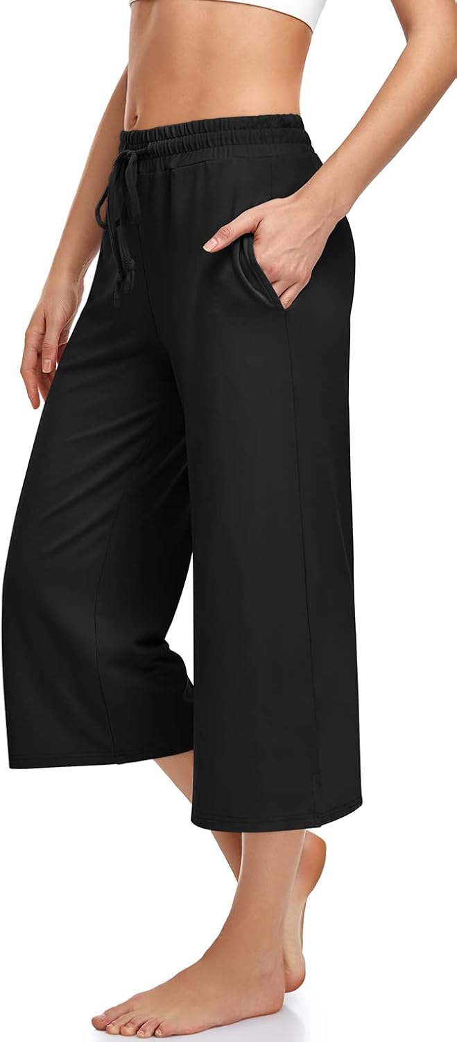 UEU Womens Capri Yoga Pants Summer Wide Leg Loose Casual Cropped Lounge Drawstring Pajama Capris Sweatpants with Pockets - Image 2