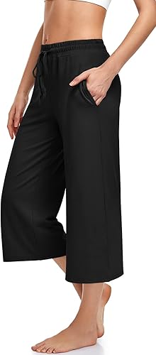 Miniatura 2 de UEU Pantalones capri de yoga para mujer, de verano, pierna ancha, holgados, casuales, recortados, con cordón, pantalones capri con bolsillos