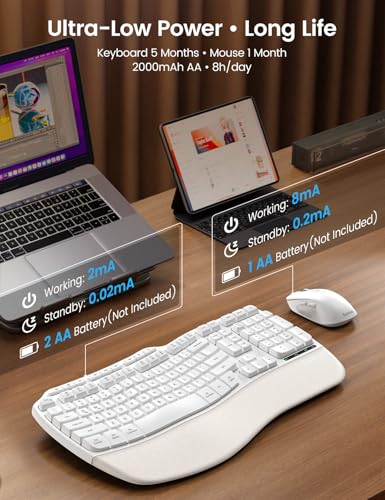 Image of White Ergonomic Wireless Keyboard and Mouse Combo, 2.4G Full Size Ergo Wave Key Board with Cushioned Plam Rest, Natural Typing, 3 DPI Adjustable Silent Mouse for Computer /Laptop /Windows /Mac - Sablute
