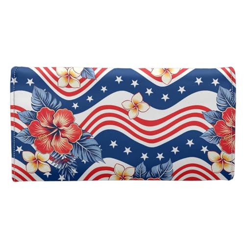 Image of AFPANQZ Womens Leather Wallets Large Capacity Card Holder Zipper Travel Purse, American Stripe Flower Phone Holder Coin Zip Pocket Multi Cards