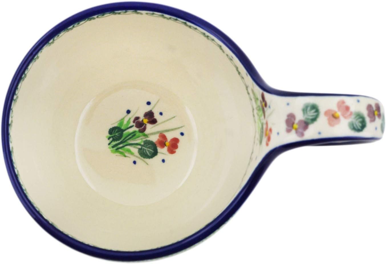 Polmedia Polish Pottery Bowl with Loop-Handle 6-inch UNIKAT - Plum Garden Pattern Handmade in Boleslawiec Poland by Ceramika Artystyczna + Certificate of Authenticity