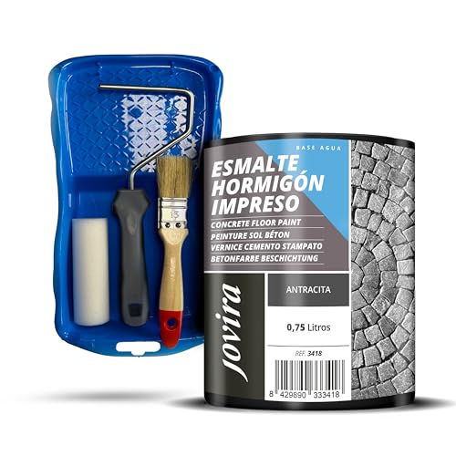 JOVIRA PINTURAS Resina-Esmalte Hormigón Impreso + Minicubeta, 2 Rodillo Antigota, Varilla y Paletina. (750 Mililitros, Antracita + Minikit Esmalte) I-3-K
