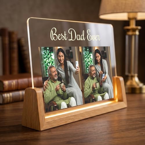 Image of Giftplease Personalized LED Acrylic Photo Frame for Dad | Best Dad Ever Night Light with Wooden Base | Custom Photo Frame Light Gift for Father, Birthday, Father's Day, Anniversary & Home Decor