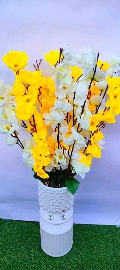Image of Coolkart Artificial Orchid Flowers, White & Yellow, Set of 2 Bunch | 14 Sticks, Home Garden Indoor /Outdoor Decoration, Made in India