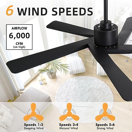WINGBO 54" ABS DC Ceiling Fan No Light, 5 Blade ABS Plastic Ceiling Fan with Remote, 6-Speed Reversible DC Motor, Ceiling Fans without Light for Kitchen Bedroom Living Room, Matte Black by WINGBO - Used condition - Image 8