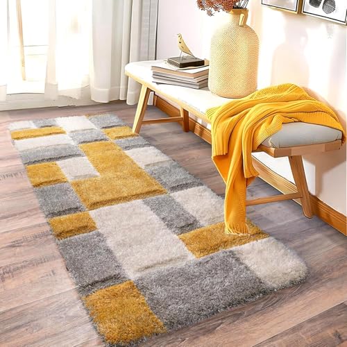 Image of Carpet for Hallway, Kitchen, and Modern Interiors, Cozy Shag Runner for Living Room, Entryway & Office Decor Size 2x6 feet Yellow B 3D