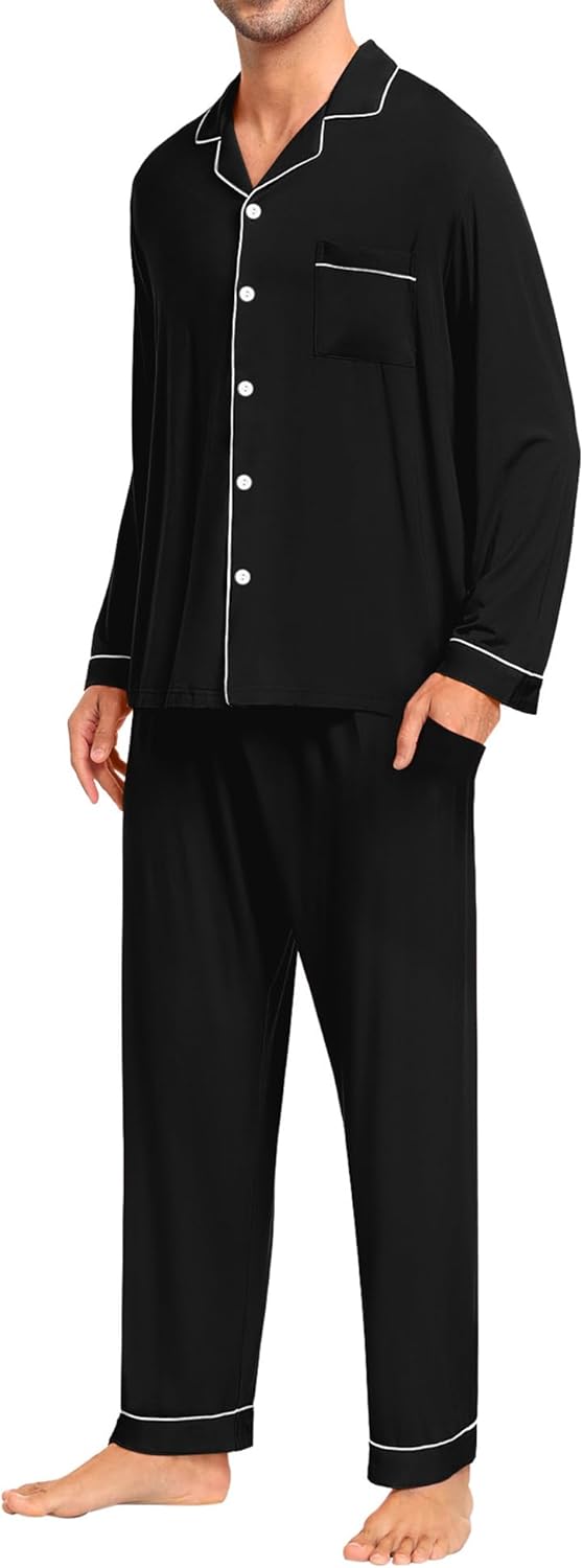 SWOMOG Men Pajamas Set Comfy Modal Pjs Button Down Sleepwear 2 Piece Long Sleeve Lounge Set Soft Nightwear with Pockets - Image 3