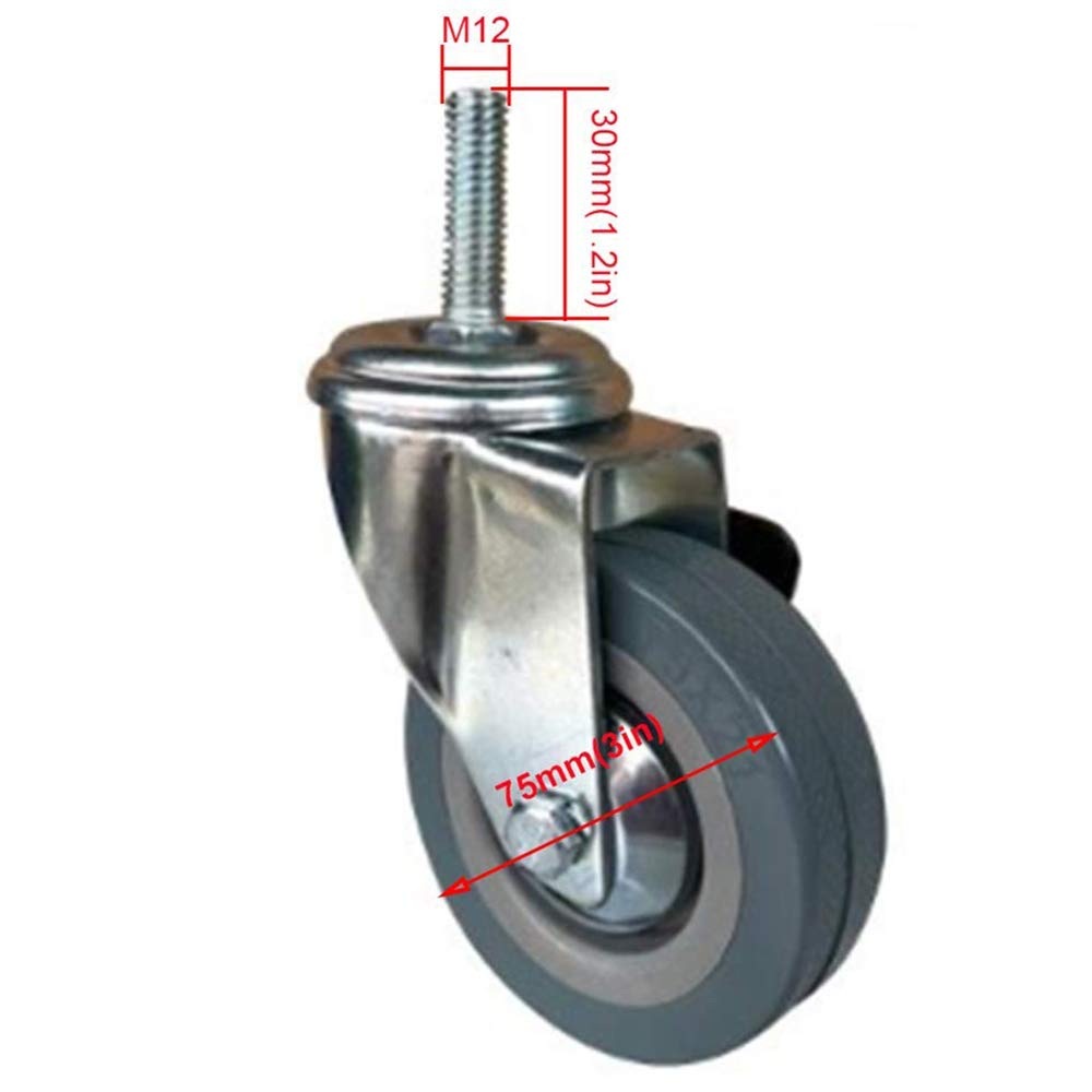 4 Ruedas giratorias de Goma de Alta Resistencia de 75/100 mm con Freno para carros de Muebles y Bancos de Trabajo. Tornillo M10/M12. Capacidad de Carga de 400 kg