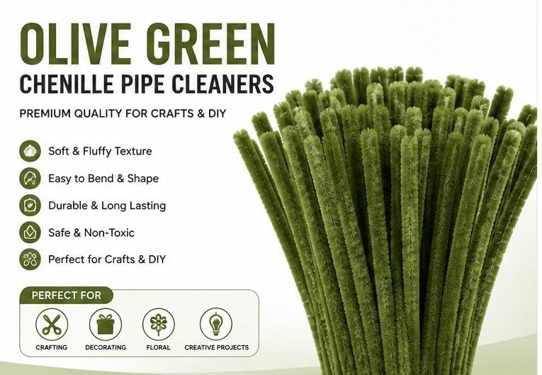 Image of TRAIS-100 PCS Pipe Cleaners, Chenille Stems for Crafts, Fuzzy Craft Pipe Cleaners, Soft Flexible Bendable Sticks for DIY Art Supplies, Kids Crafts, School Projects (OLIVE GREEN)