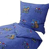 Biber Kinderbettwäsche mit Tigerchen und Blumen auf Blau die sich hervorragend für die kalte Nächte in Herbst, Winter und Frühling eignet