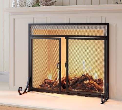 Calidola Flat Fireplace Screen with Doors,Solid Wrought Iron Frame with Metal Mesh, Flat Panel...