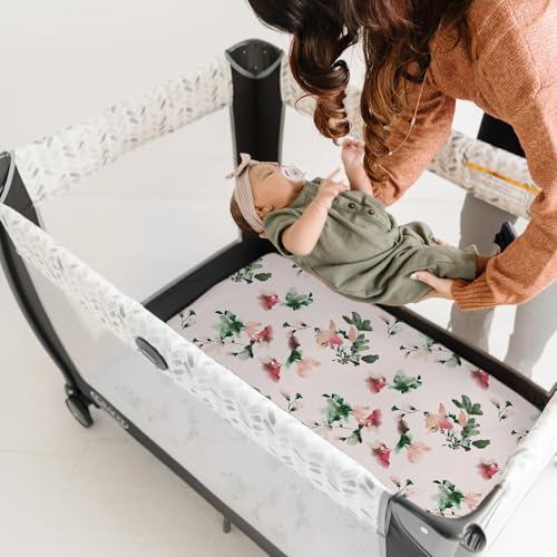 Image of Pack n Play Sheets, BROLEX 2 Pack Mini Crib Sheets,Stretchy Portable Fitted Playard Sheet Set, Convertible Playard Mattress Cover,Ultra Soft Breathable Material,Exotic & Flora
