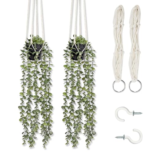 Comtelek Fake Hanging Plants 2 Pack Macrame Artificial Hanging Plants with Faux Vine Plant Hanger for Indoor Outdoor Home Wall Boho Bedroom Bathroom Office Wall Ceiling Decor