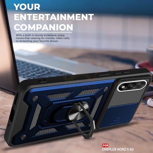 Image of Armor Bumper Back Cover Case for OnePlus Nord 5 5G | Rotating Camera Cover, Ring Holder & Kickstand | Heavy Duty & 360 Degree Protection OnePlus Nord 5 5G Back Cover (Blue)