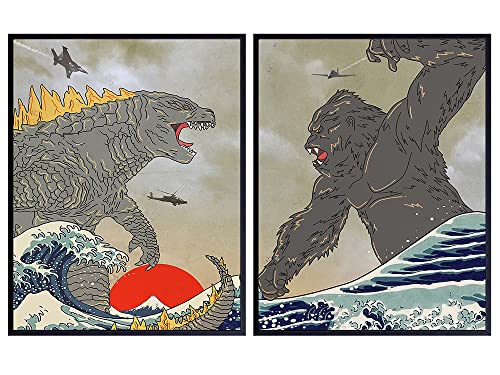 Godzilla Vs Kong - Godzilla Poster Set - Horror Movie Merchandise - King Kong - Scary Monster Movie Wall Art - Shin Godzilla Movies - Kanagawa Wave - Vintage Hollywood Boys Bedroom, Teen Room Decor