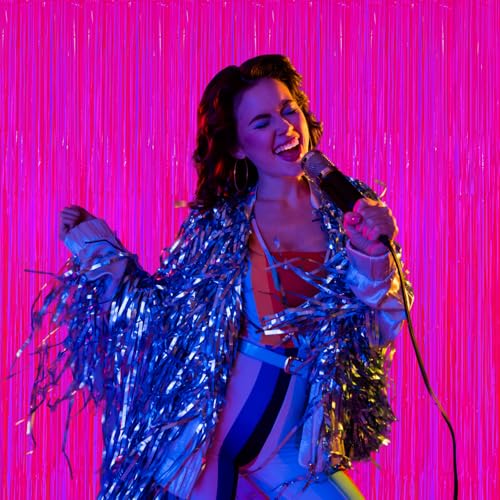 Image of 2 Pack Glow in The Dark Party Streamers, Neon Party Decorations Fluorescent Macaron Fuchsia Tinsel Foil Fringe Curtains, Photo Booth Prop Backdrop Streamers, Birthday Halloween Party Decorations