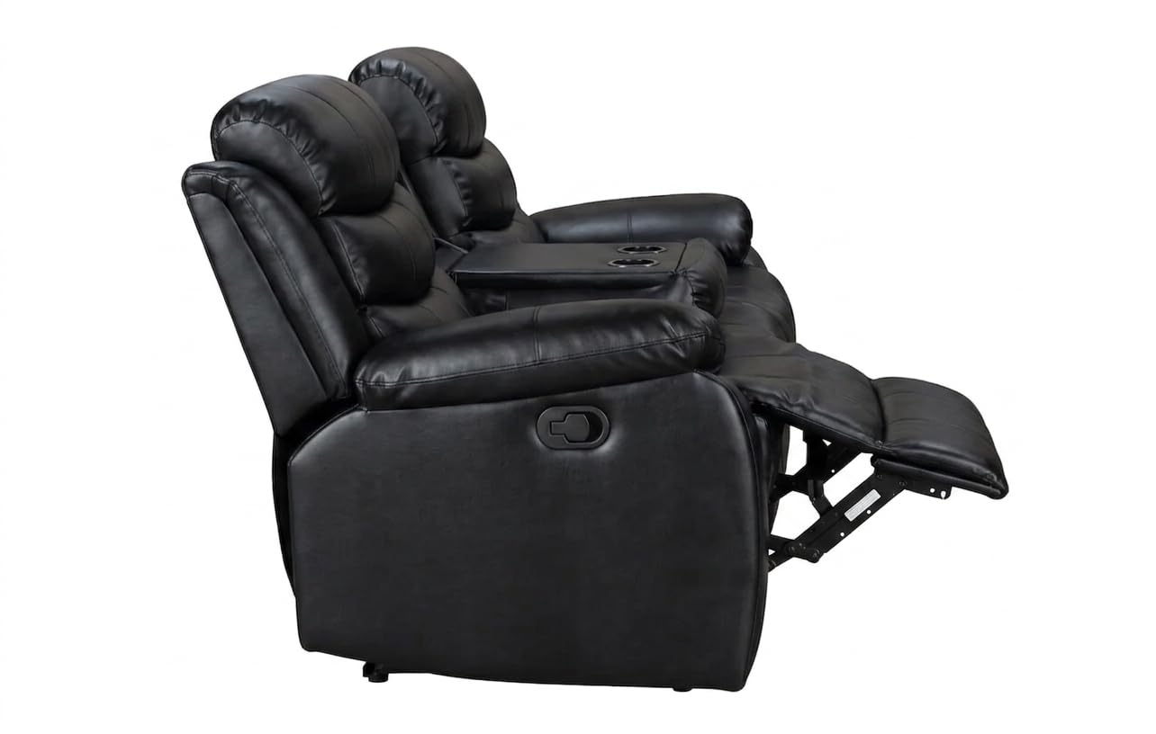 Divano Reclinabile 3 Posti in Pelle Nera con Portabicchieri – Sofà Relax Moderno con Sedili Reclinabili e Comfort Imbottito – 200 × 90 × 90 cm